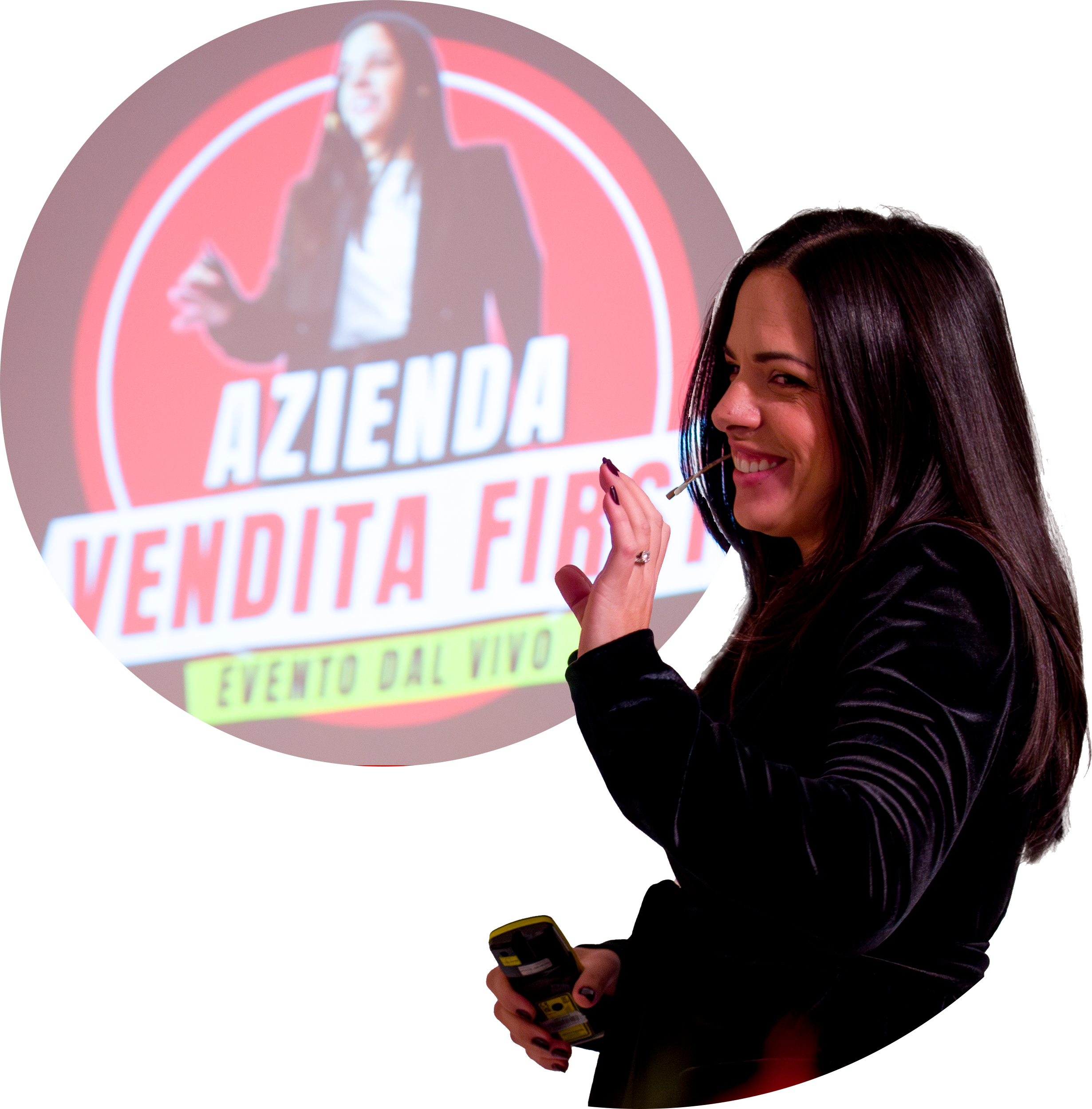 foto cristina con logo dietro vendita first evento
